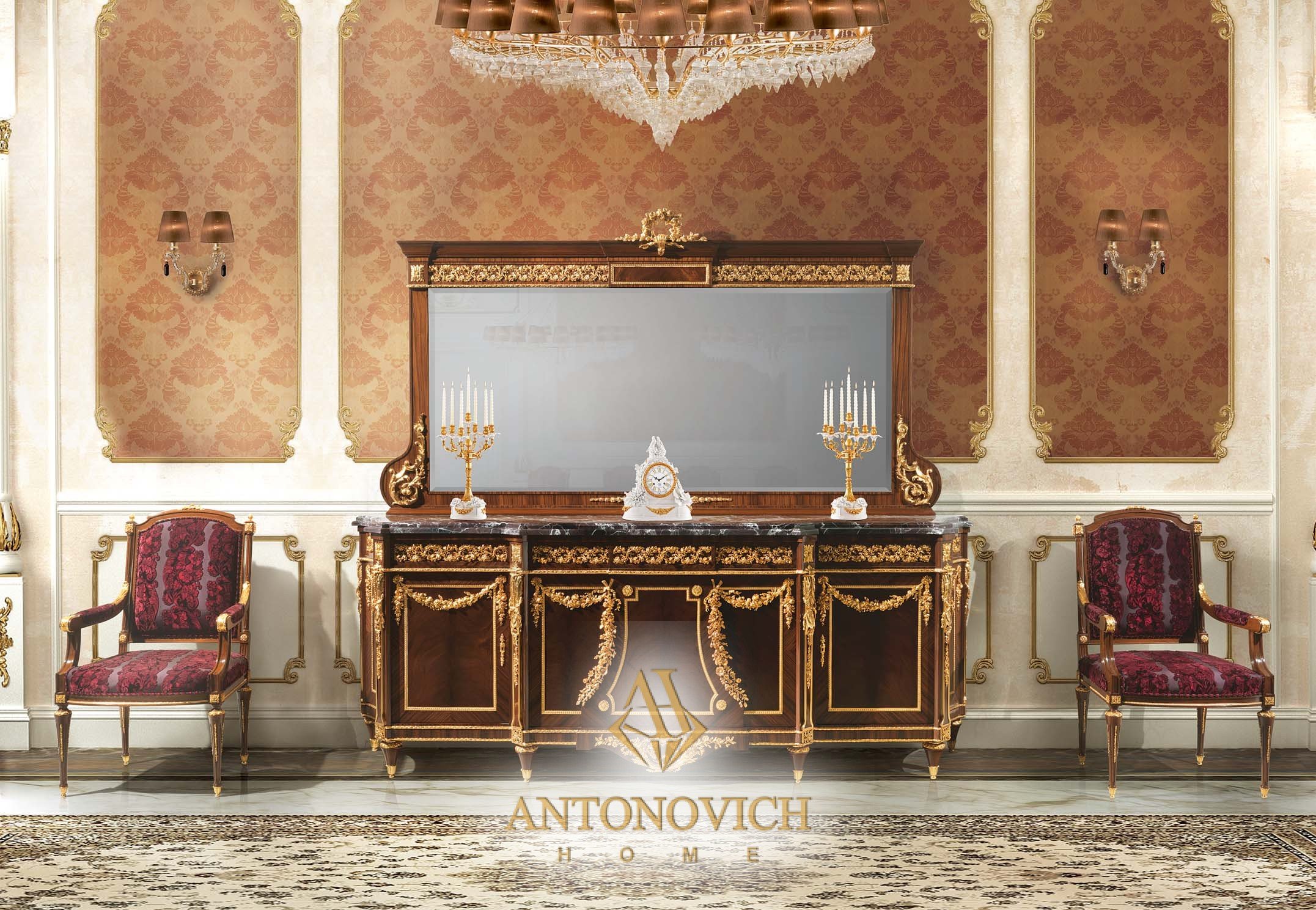 Итальянская фабрика Angelo Cappellini. Буфет LIPPI с бронзовым декором и мраморной столешницей