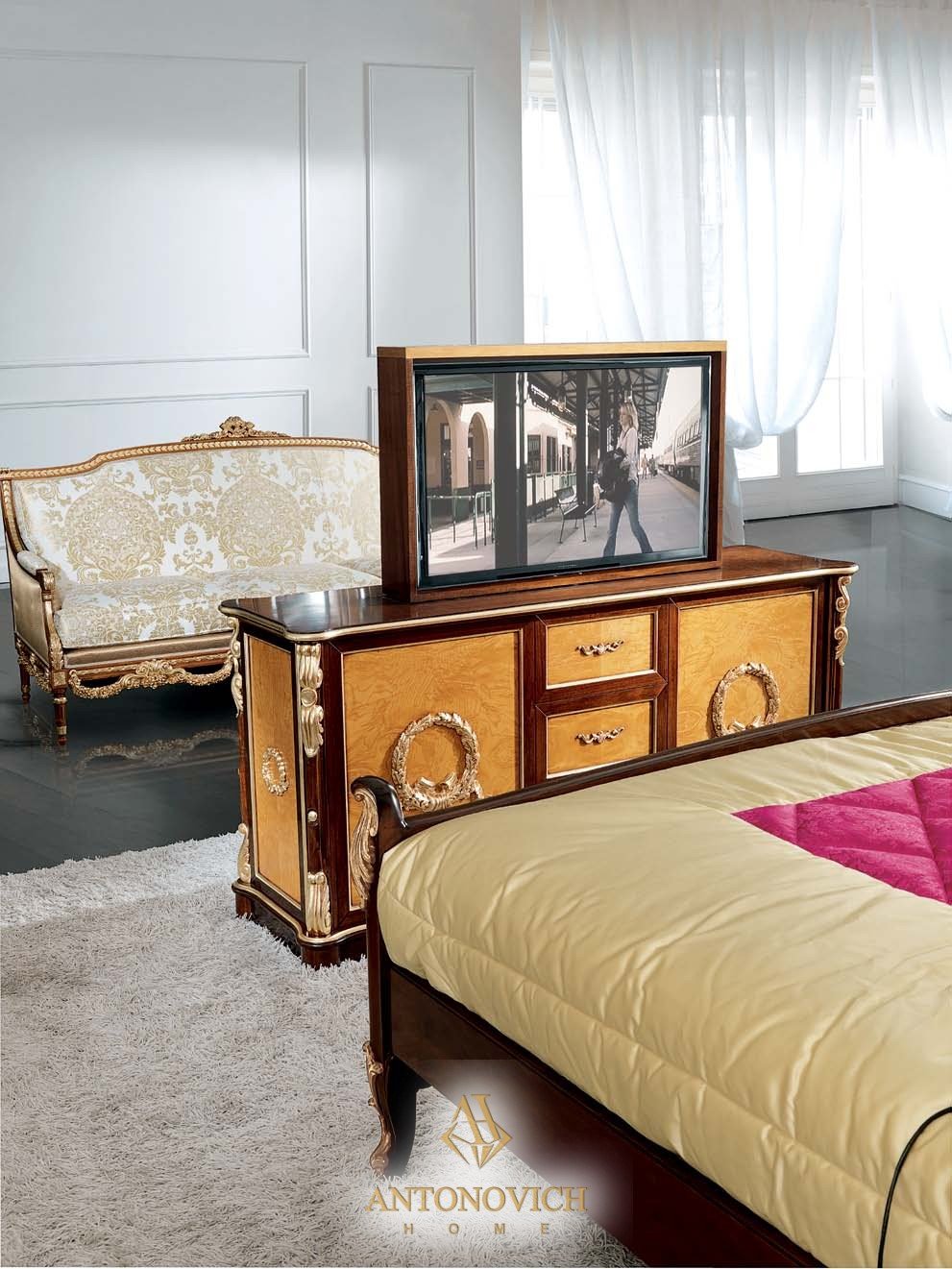 Подставка для телевизора CEPPI с механизмом вверх / вниз и поворотным механизмом, орех, резьба по дереву, позолота