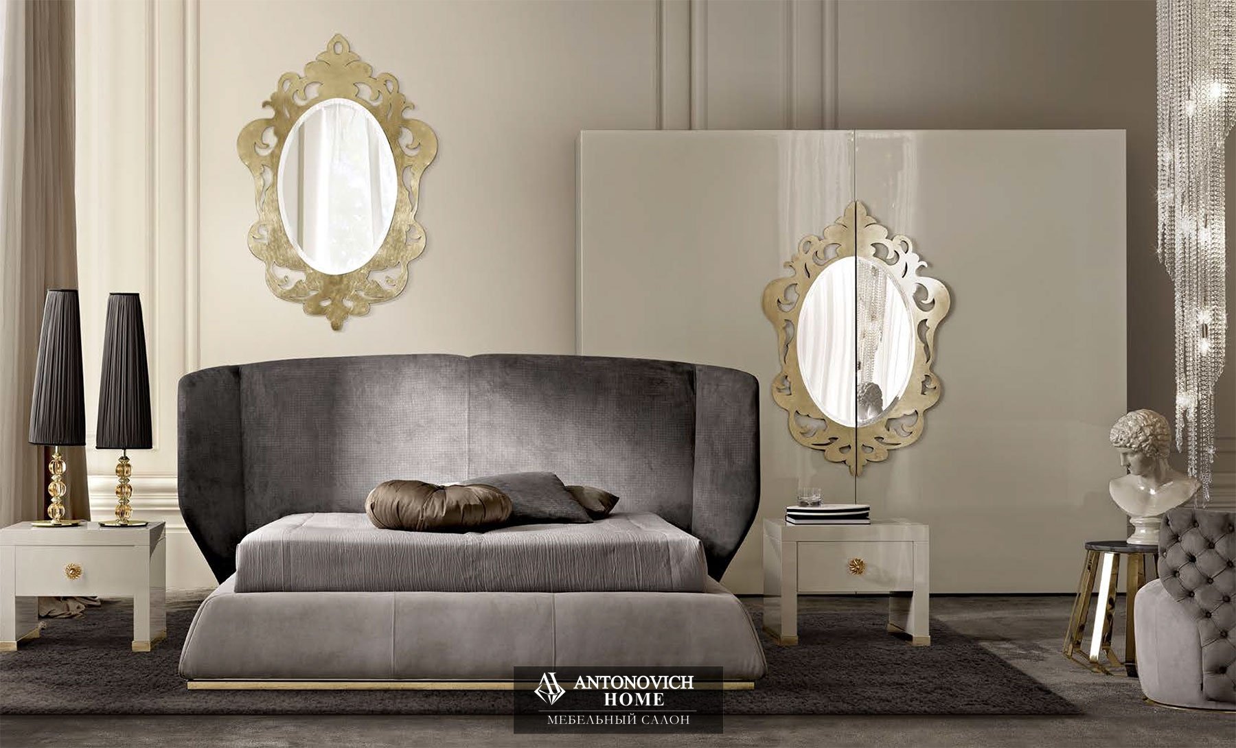12-ламповая хрустальная спиральная лампа Dоlfi спальня  FD Collection, Стол в стальной зеркальной полированной позолоте,полированная мраморная столешница капучино Dоlfi спальня  FD Collection, Кровать, золотой вариант Dоlfi спальня  FD Collection
