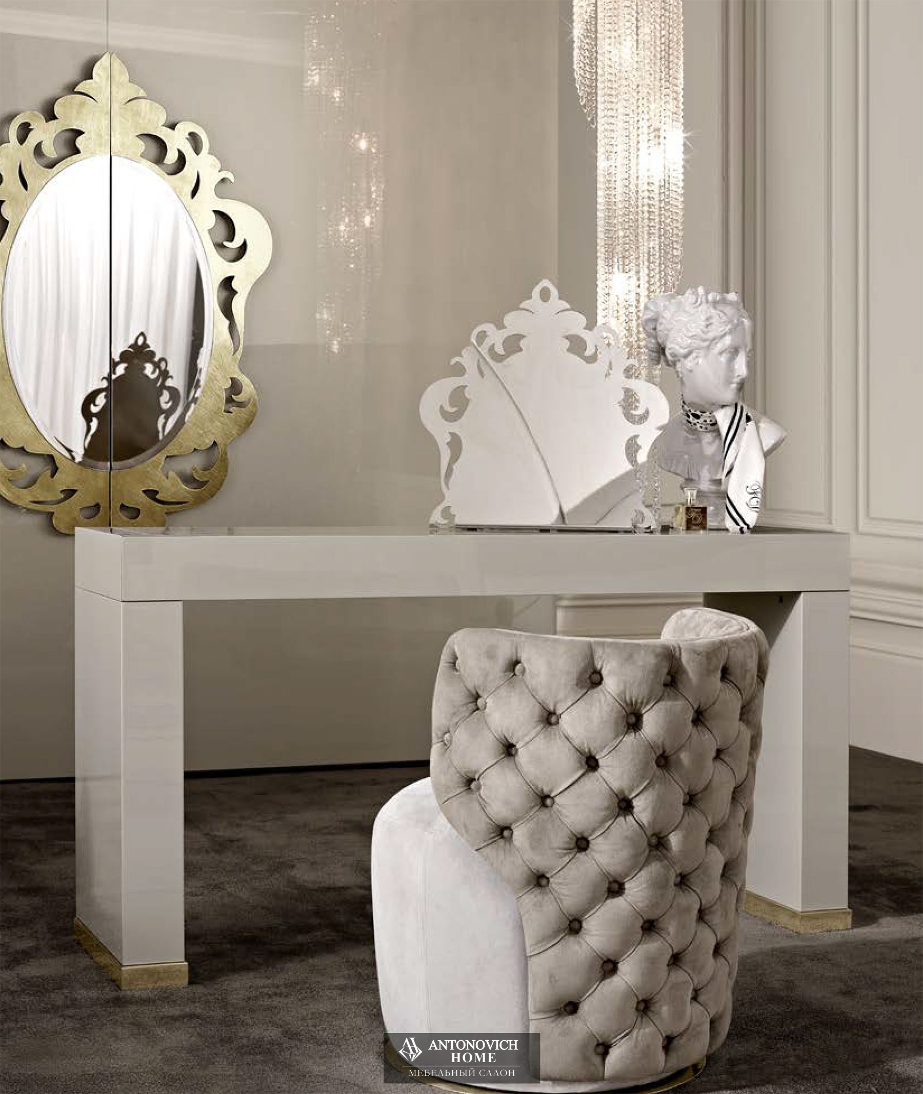Вращающееся кресло capitonnè со стальной основой, отделка золотом Dоlfi спальня  FD Collection, Настольное зеркало Dоlfi спальня  FD Collection, Туалетный столик на стальной основе, позолота Dоlfi спальня  FD Collection